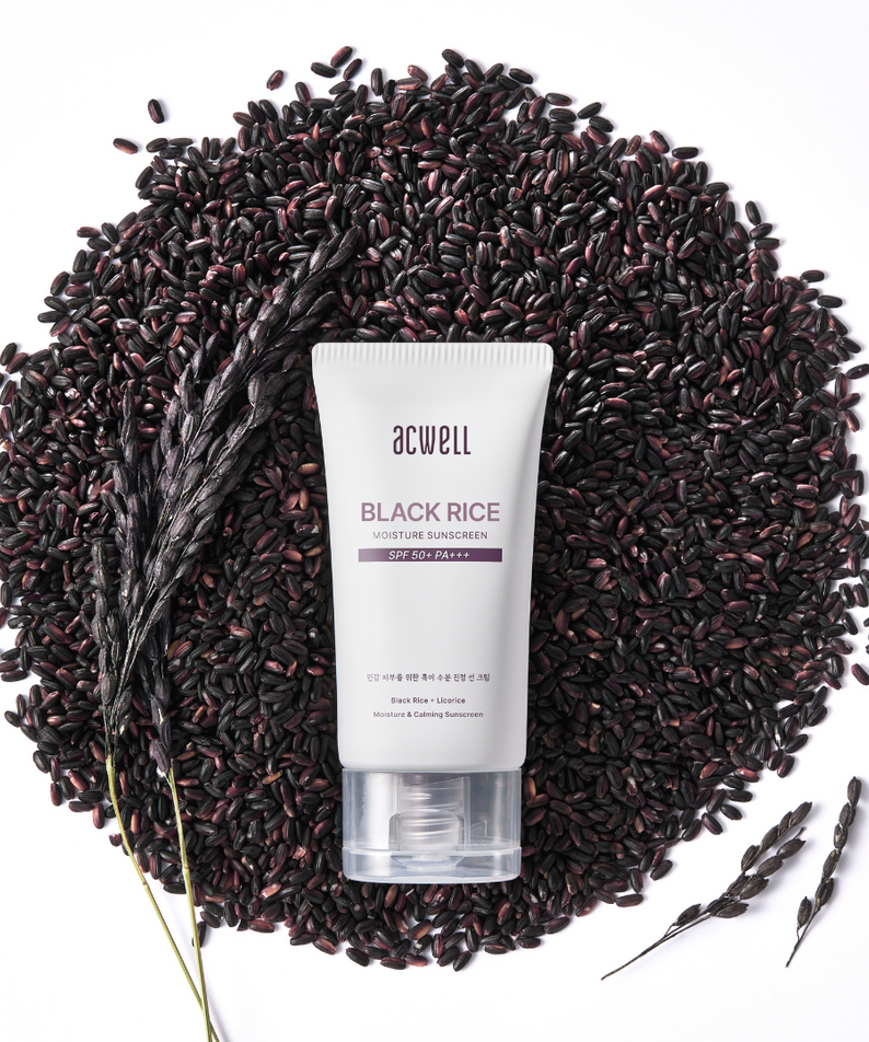 ACWELL Black Rice Moisture Sunscreen SPF50+ PA+++, 50ml with black rice seeds background.