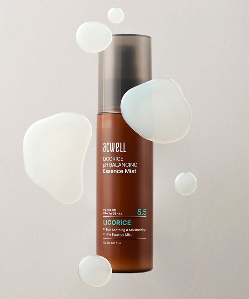 ACWELL Licorice pH Balancing Essence Mist 100ml bottle with liquid drops, highlighting skin soothing and moisturizing benefits.