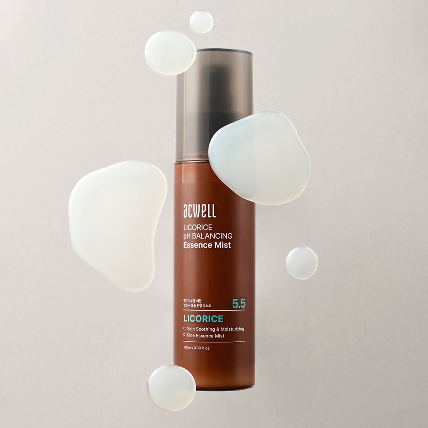 ACWELL Licorice pH Balancing Essence Mist 100ml bottle with liquid drops, highlighting skin soothing and moisturizing benefits.
