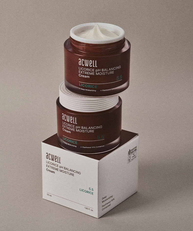 ACWELL Licorice pH Balancing Extreme Moisture Cream 55ml in a jar on top of a box
