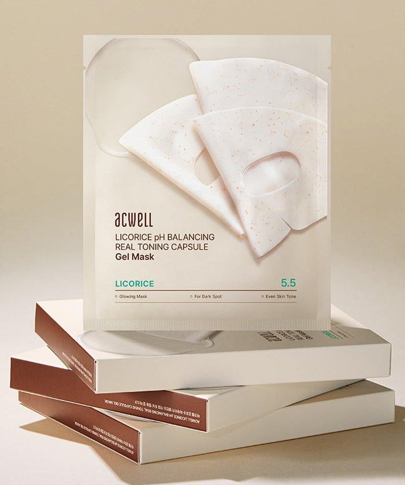 ACWELL Licorice pH Balancing Real Toning Capsual Mask Sheets 4ea package displayed on a stack of boxes.