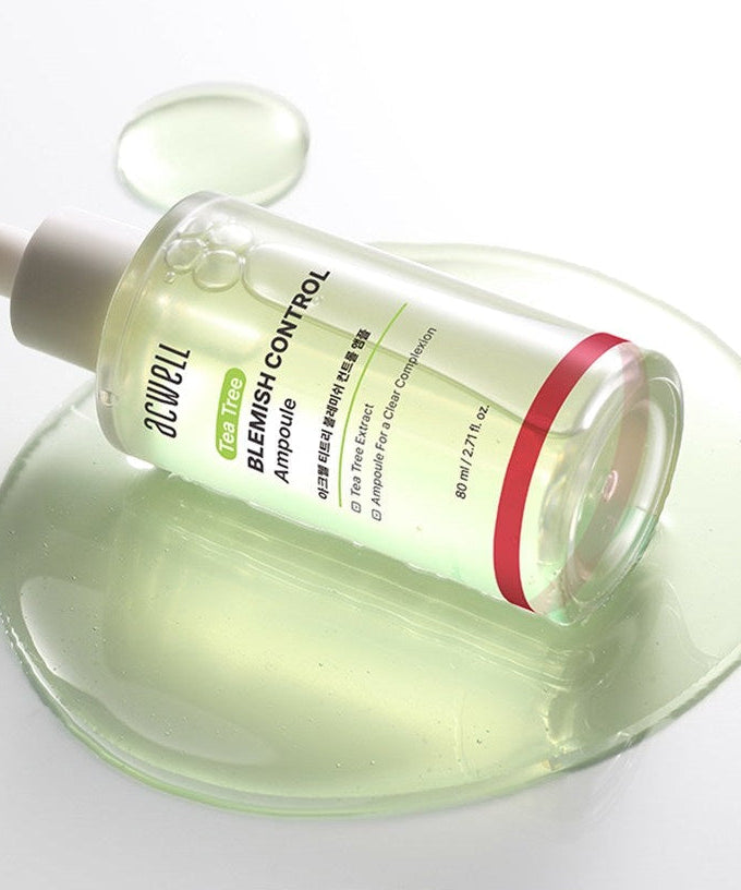 ACWELL Tea Tree Blemish Control PDRN Ampoule 80ml in a clear bottle on glossy surface