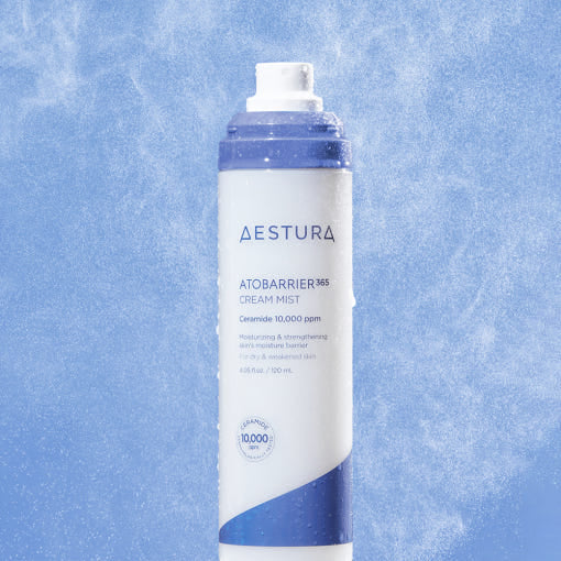 AESTURA Atobarrier 365 Cream Mist 120ml bottle in a refreshing mist background highlighting its moisturizing benefits.