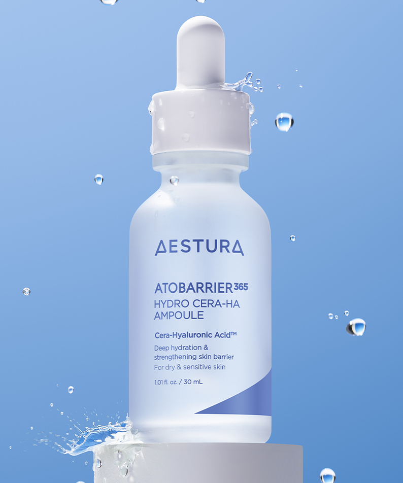 AESTURA Atobarrier 365 Hydro Cera-HA Ampoule 30ml bottle against blue background, featuring deep hydration for dry and sensitive skin.