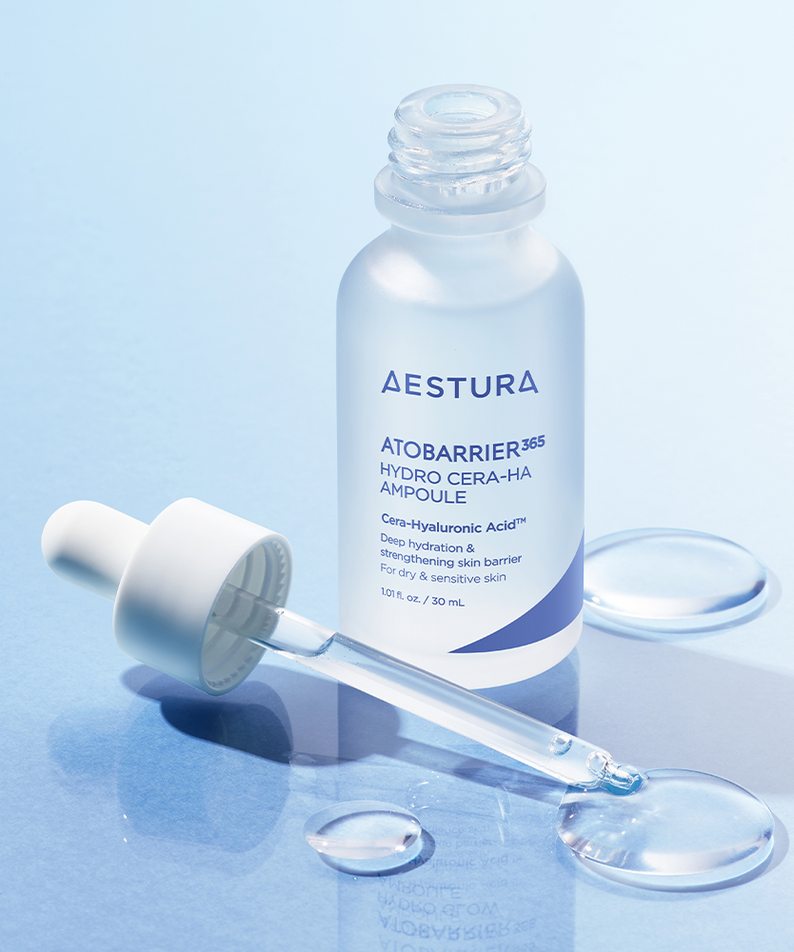 AESTURA Atobarrier 365 Hydro Cera-HA Ampoule 30ml, featuring Cera-Hyaluronic Acid for deep hydration and skin barrier support.