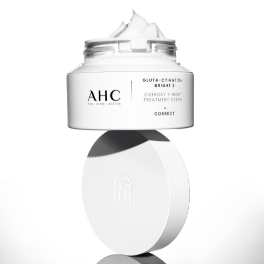 AHC Gluta Activation Bright 3 Overday Night Treatment Cream 50ml open jar with lid in foreground