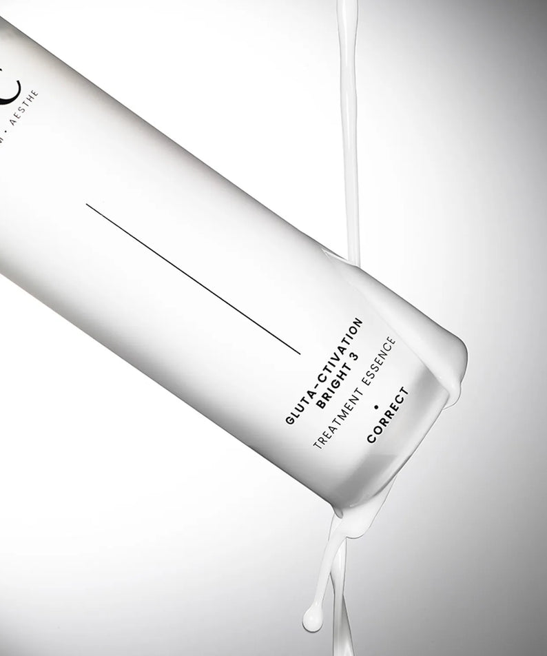 AHC Gluta Activation Bright 3 Treatment Essence 130ml bottle with liquid flowing on a gradient background