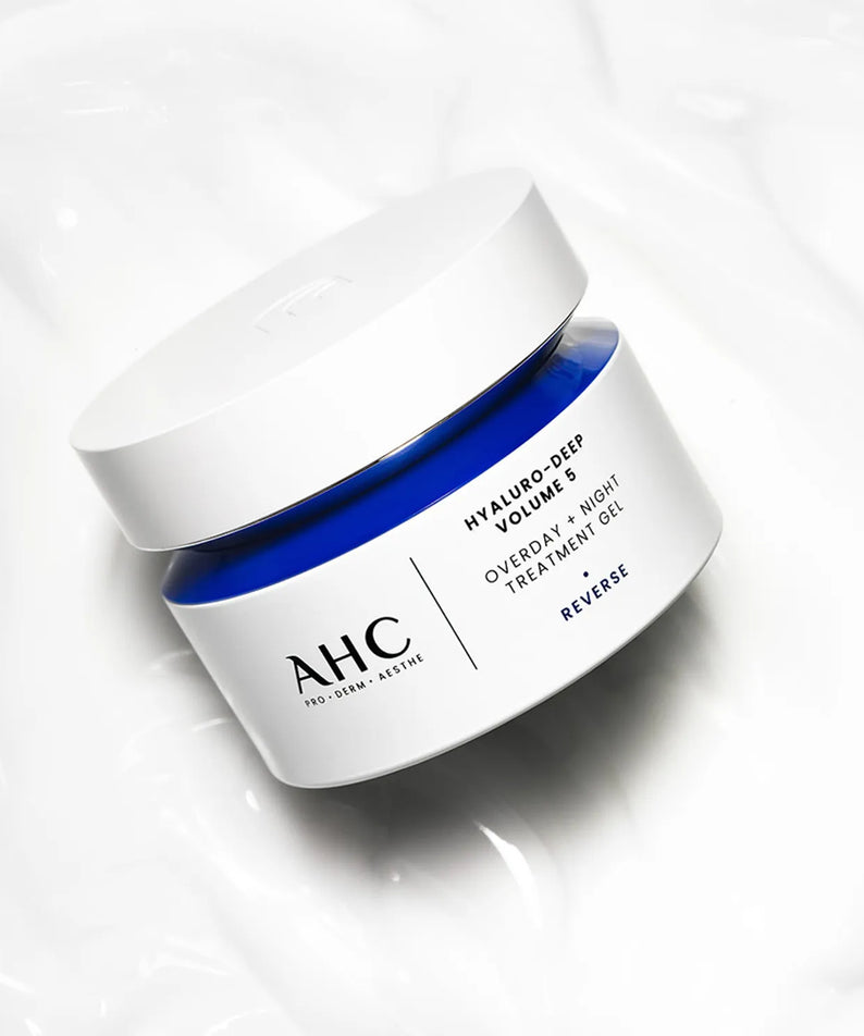 AHC Hyaluro Deep Volume 5 Overday Night Treatment Gel 50ml in a stylish white and blue jar on a white background.