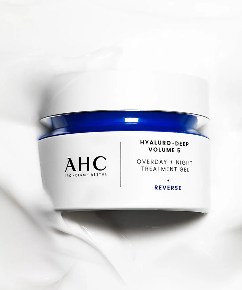AHC Hyaluro Deep Volume 5 Overday Night Treatment Gel 50ml in blue and white jar on creamy background