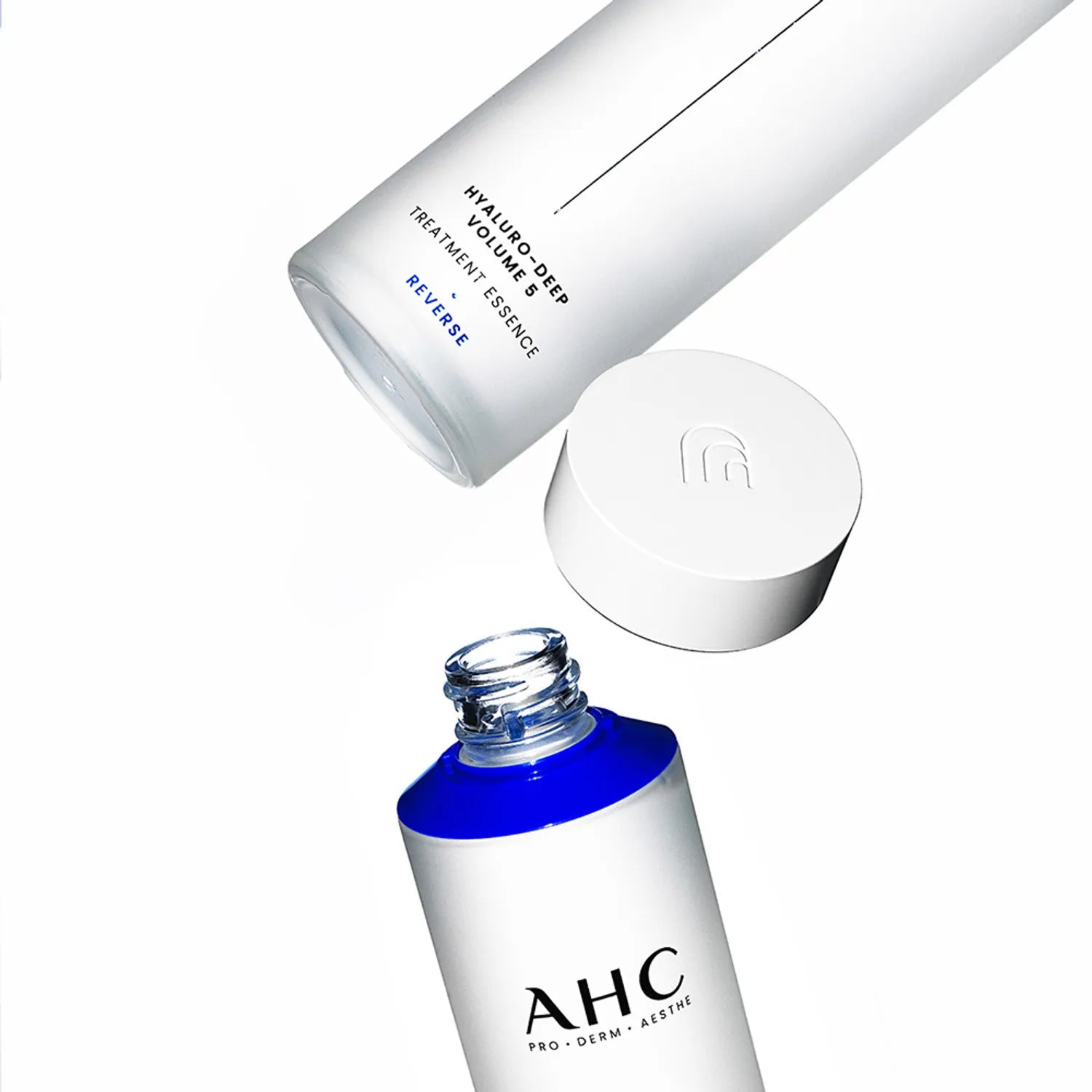 AHC Hyaluro Deep Volume 5 Treatment Essence 130ml bottle with cap, showcasing product packaging.