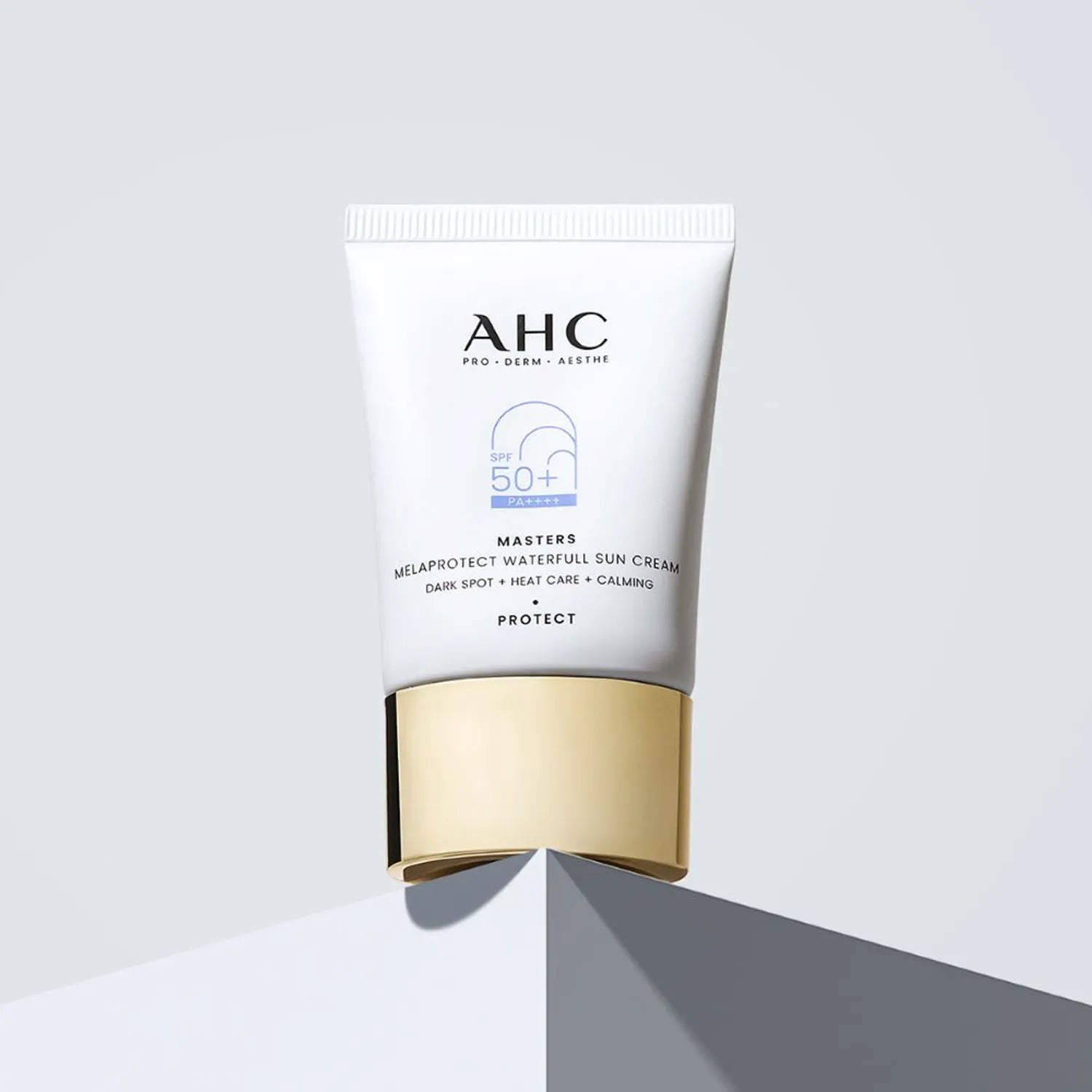 AHC Masters Mela Protect Waterfull Sunscreen 40ml product packaging on display