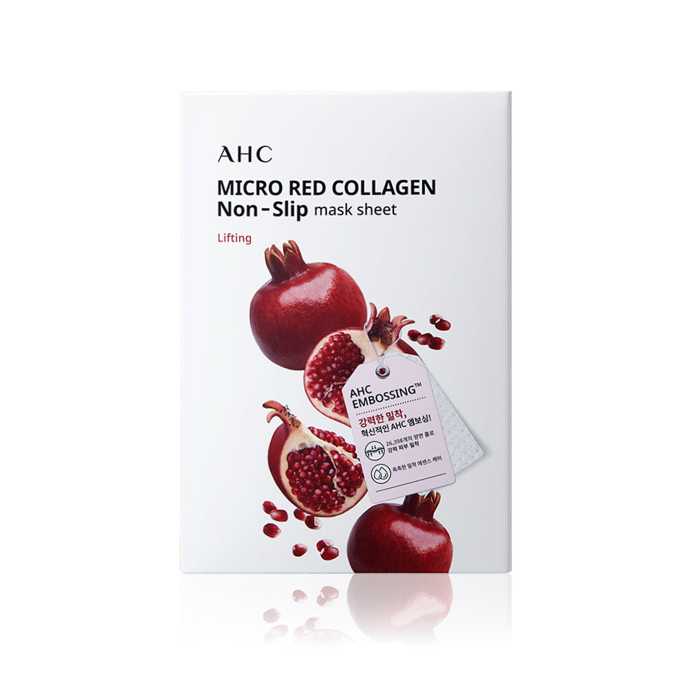 Box of AHC Micro Red Collagen Non-Slip Mask Sheets 10ea with pomegranate design on packaging