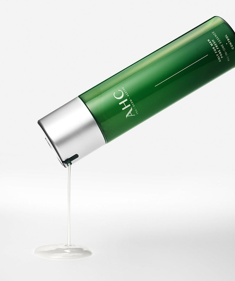 AHC Only For Men Pore Fresh All-in-One Essence 200ml bottle tilted with essence pouring, Gentleman Korea premium Korean men’s skincare