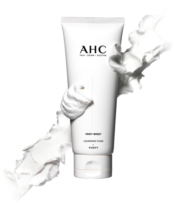 AHC Prep Reset Cleansing Foam 150ml in white tube with foam swirls, skincare product for a refreshing cleanse
