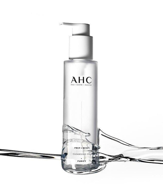 Bottle of AHC Prep Reset Cleansing Oil 125ml with clear liquid background