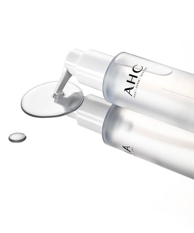 AHC Prep Reset Cleansing Oil 125ml with dispenser and product flow visual.