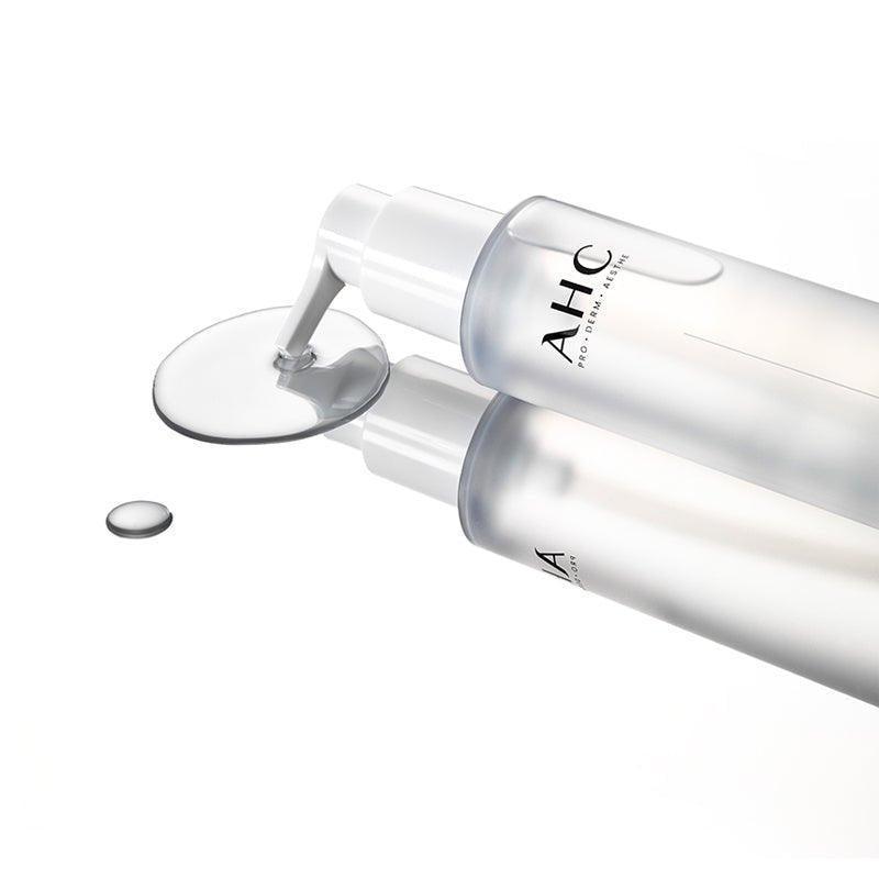 AHC Prep Reset Cleansing Oil 125ml with dispenser and product flow visual.