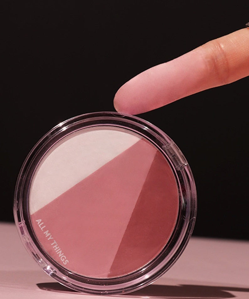 ALL MY THING Aurora Blusher with a close-up of its tri-color palette and finger swatch, showcasing the makeup's smooth texture.