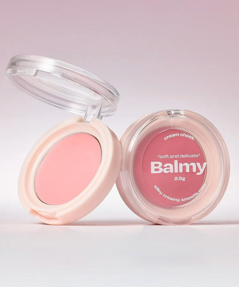 ALTERNATIVE STEREO Balmy Cream Cheek in soft pink shade, open makeup compact showcasing blush color and packaging.