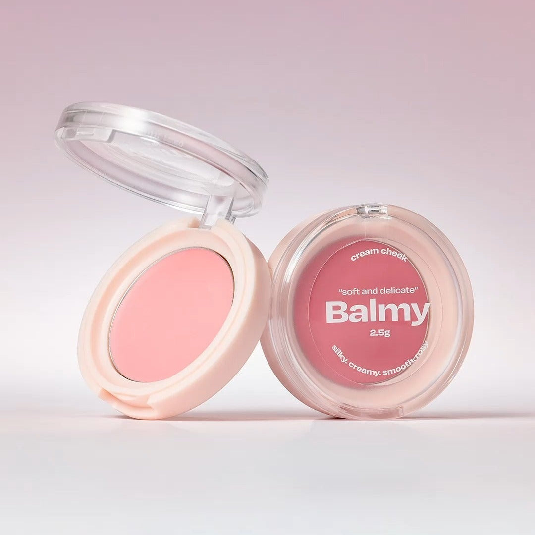 ALTERNATIVE STEREO Balmy Cream Cheek in soft pink shade, open makeup compact showcasing blush color and packaging.