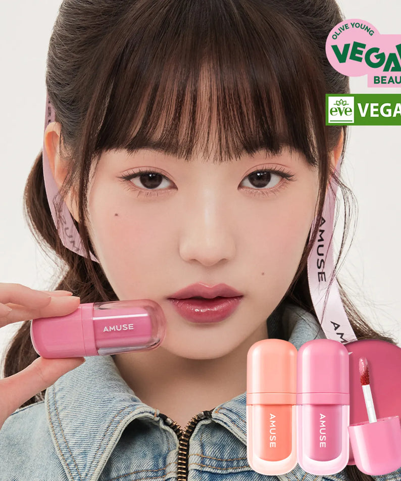 AMUSE BEBE TINT vegan beauty product in pink shades, showcased by a model for a fresh and natural look, with eco-friendly certification.