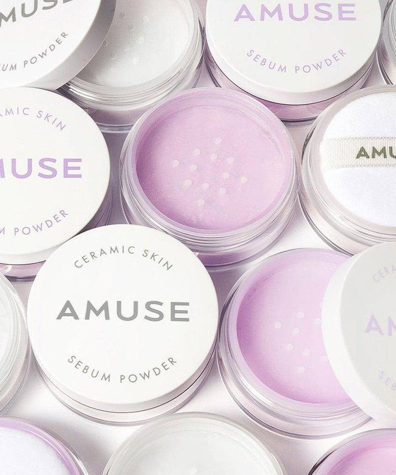 AMUSE Ceramic Sebum Powder in multiple containers with open and closed lids, showcasing the product's texture and packaging.