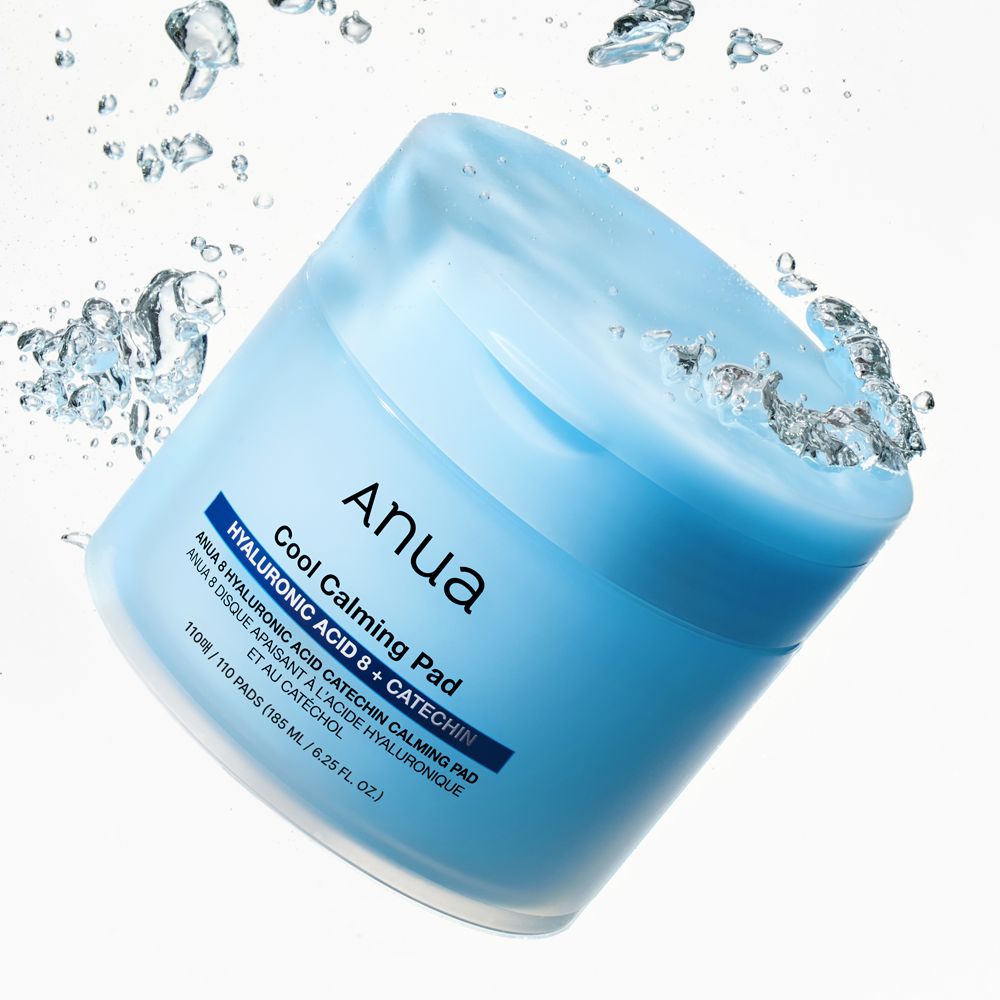 ANUA 8 Hyaluronic Acid Catechin Calming Pads 110 Pads in light blue packaging with splashing water.