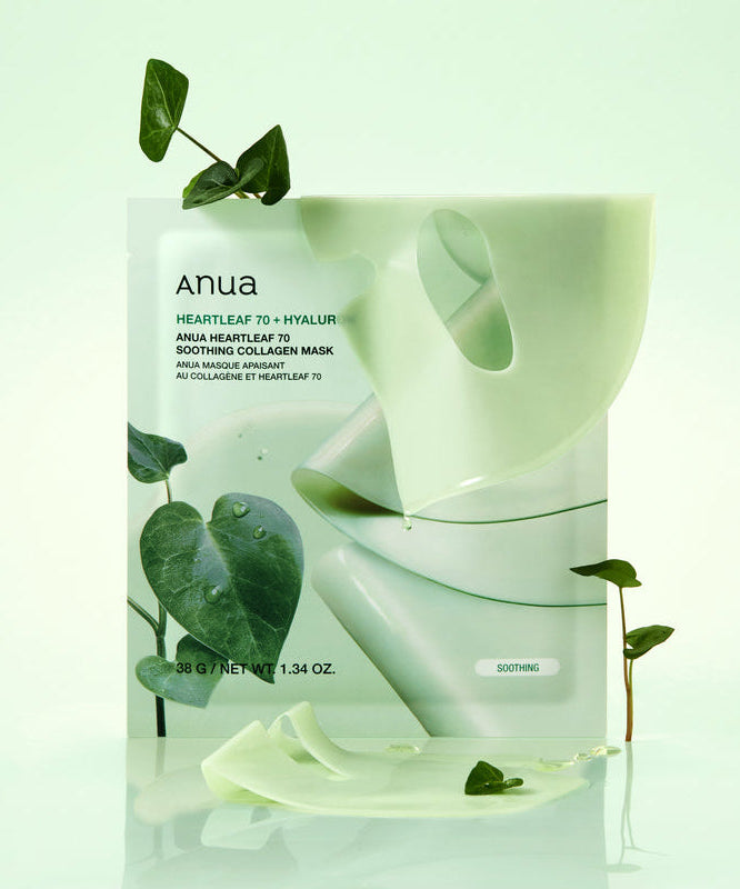 ANUA Heartleaf 70 Soothing Collagen Mask 4pcs packaging with leaves in the background