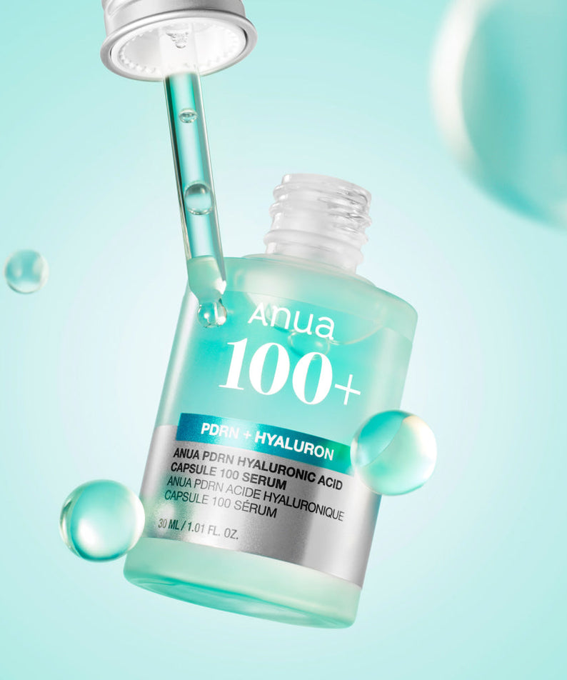ANUA PDRN + Hyaluronic Acid Capsule 100 Serum 30ml bottle and dropper with serum droplets