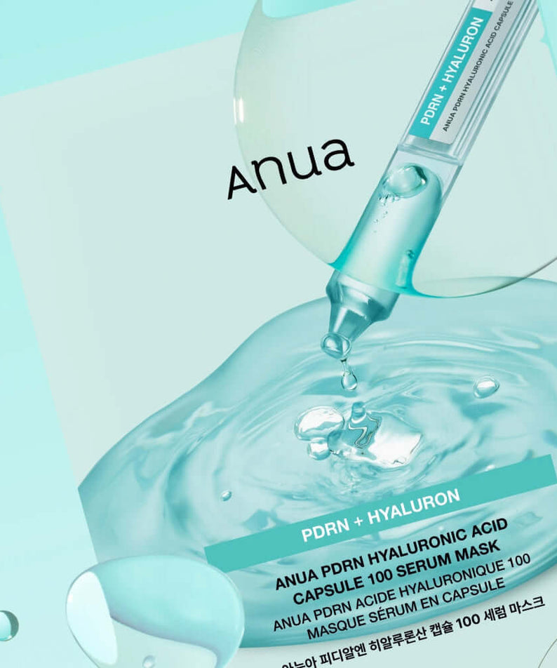 ANUA PDRN Hyaluronic Acid Capsule 100 Serum Mask with dropper and liquid on a blue background.