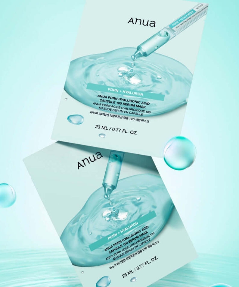 ANUA PDRN Hyaluronic Acid Capsule 100 Serum Mask packaging with hyaluronic acid capsules displayed on aqua-themed background.