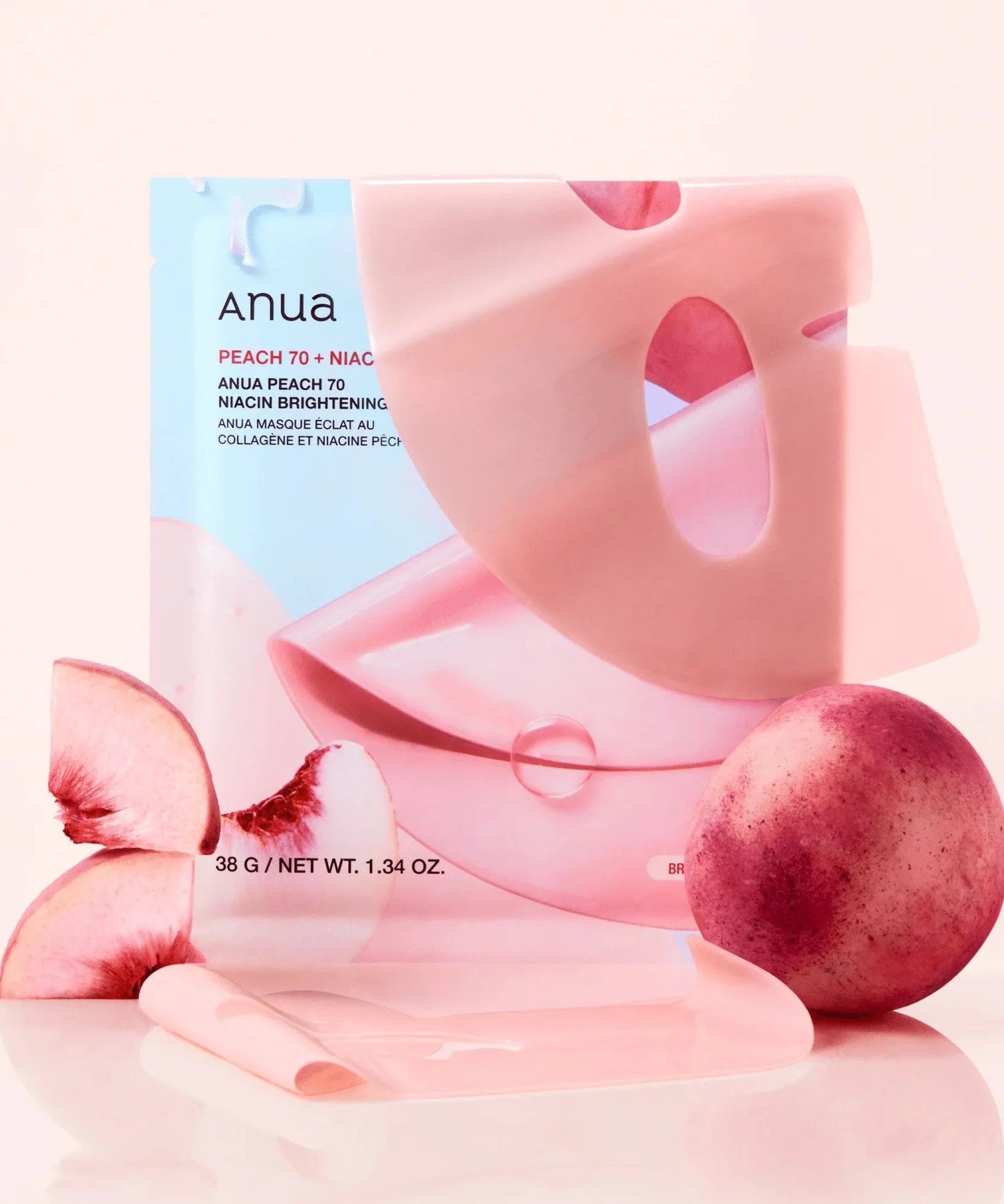 ANUA Peach 70 Niacin Brightening Collagen Mask 4pcs shown with peach slices and mask sheet