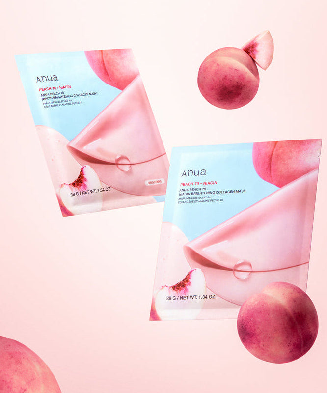 ANUA Peach 70 Niacin Brightening Collagen Mask 4pcs packaging with peaches on pink background.