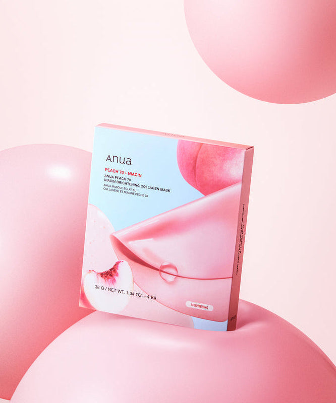 ANUA Peach 70 Niacin Brightening Collagen Mask 4pcs in pink packaging surrounded by pink balloons.