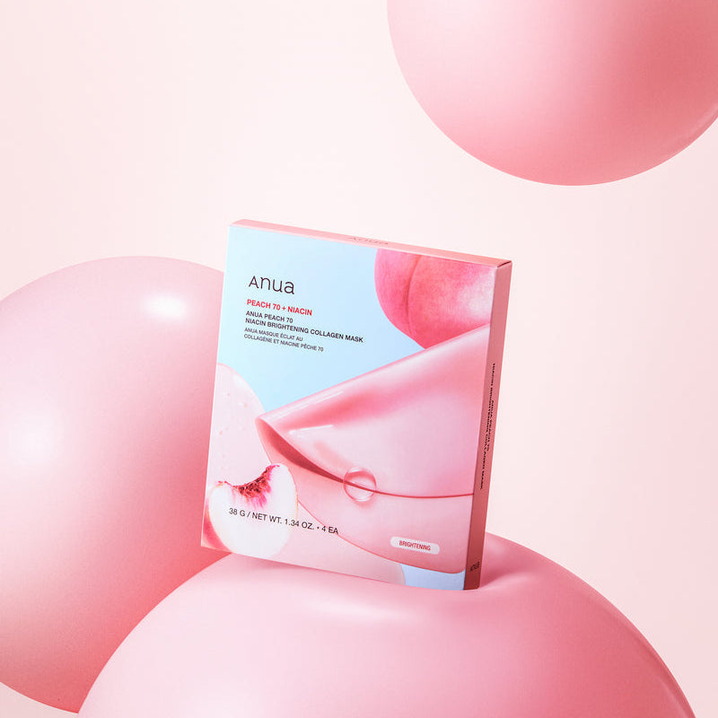 ANUA Peach 70 Niacin Brightening Collagen Mask 4pcs in pink packaging surrounded by pink balloons.
