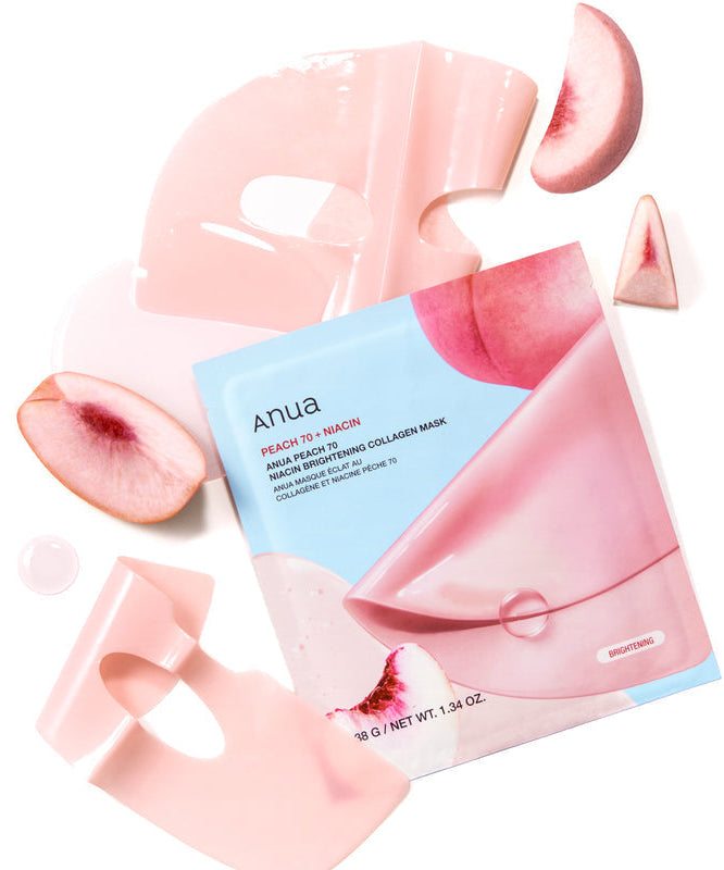 ANUA Peach 70 Niacin Brightening Collagen Mask 4pcs with peach slices and mask details shown.