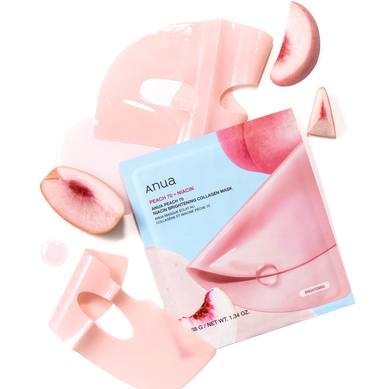ANUA Peach 70 Niacin Brightening Collagen Mask 4pcs with peach slices and mask details shown.