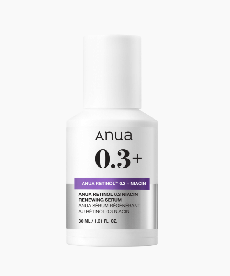 ANUA Retinol 0.3 Niacin Renewing Serum bottle, 30ml, skincare product.