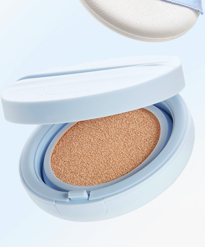 APRIL SKIN Glowing Matt Cushion in open compact, showcasing product texture.