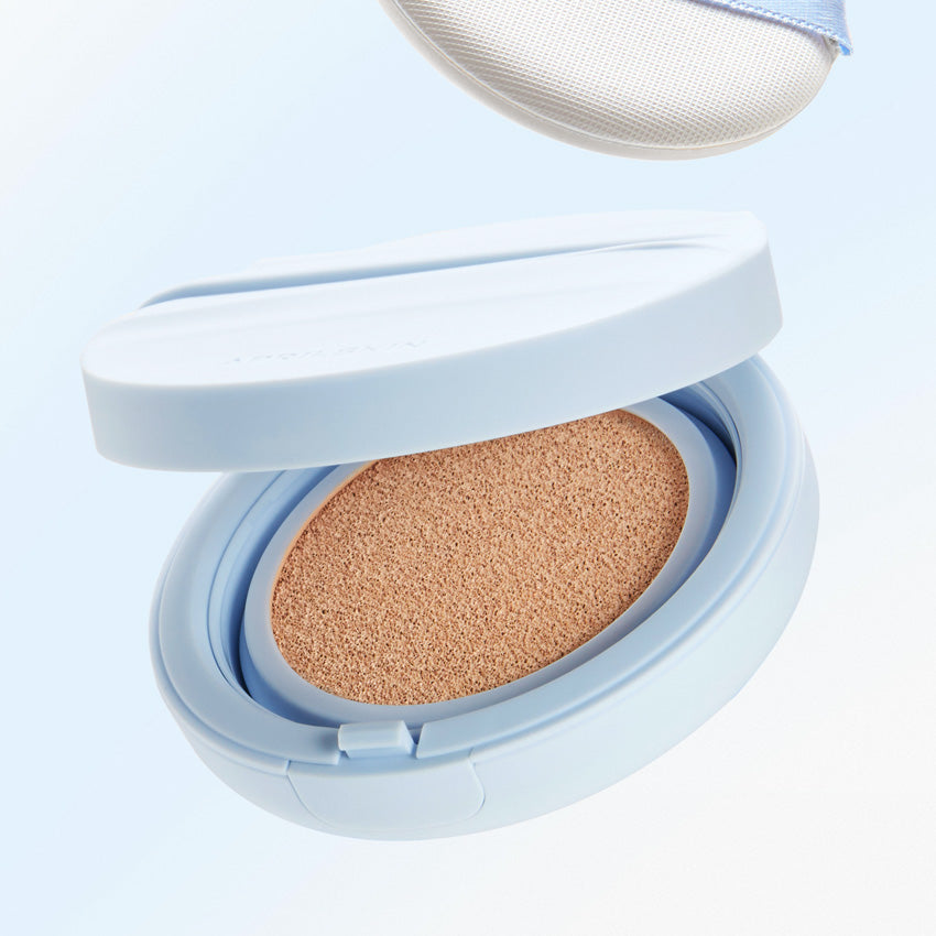 APRIL SKIN Glowing Matt Cushion in open compact, showcasing product texture.