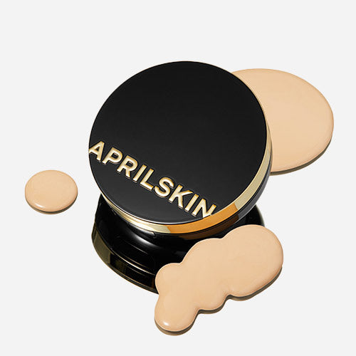 APRIL SKIN Magic Snow Cushion 3.0 compact with foundation cream swatches on white background.