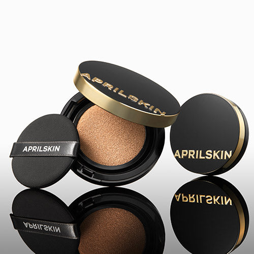APRIL SKIN Magic Snow Cushion 3.0 compact showing open makeup product with applicator sponge.