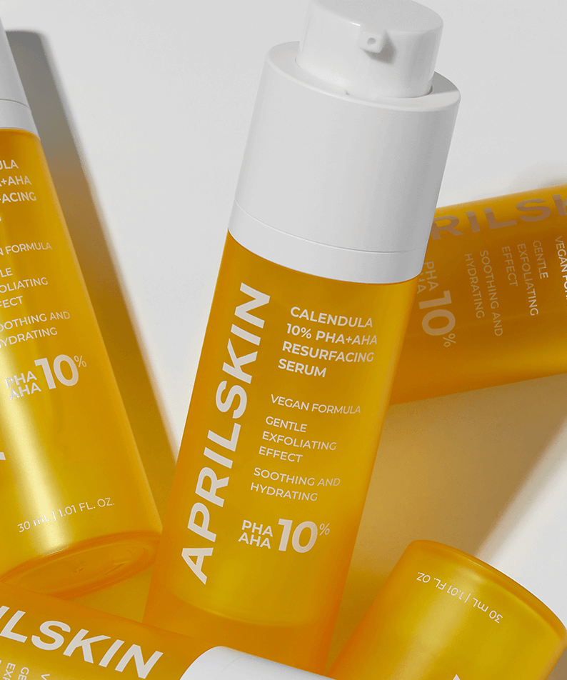 APRILSKIN Calendula 10% PHA+AHA Resurfacing Serum bottles on display