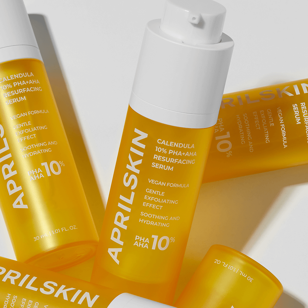 APRILSKIN Calendula 10% PHA+AHA Resurfacing Serum bottles on display
