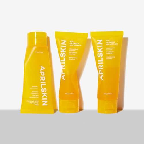 APRILSKIN Calendula Peel Off Pack skincare products in yellow packaging