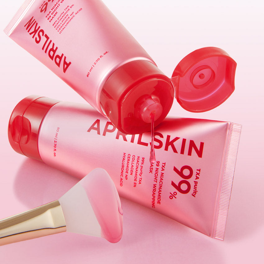 APRILSKIN TXA Niacinamide 99 Night Wrapping Mask 80ml with applicator brush, highlighting skincare features in pink packaging.
