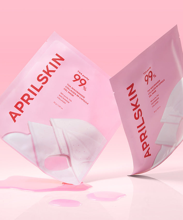 APRILSKIN TXA Niacinamide Collagen 99 Capsule Gel Mask 4 Sheets on pink background