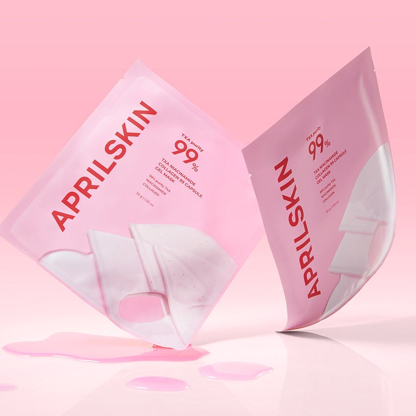 APRILSKIN TXA Niacinamide Collagen 99 Capsule Gel Mask 4 Sheets on pink background