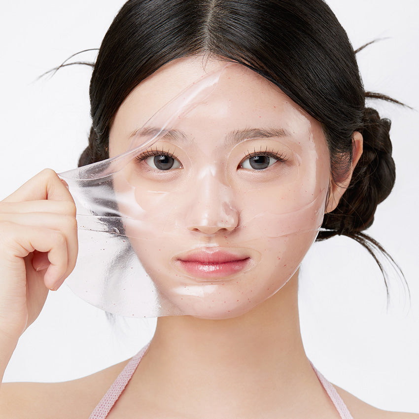 APRILSKIN TXA Niacinamide Collagen 99 Capsule Gel Mask 4 Sheets applied on woman's face demonstrating skincare effect