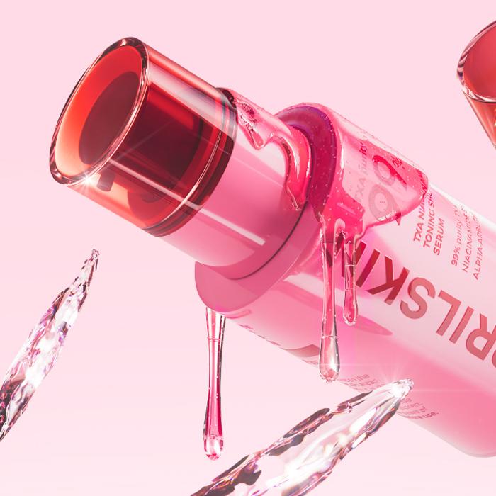 APRILSKIN TXA Niacinamide Toning Shot 99 Serum 30ml bottle with pink liquid and droplets on a pink background.